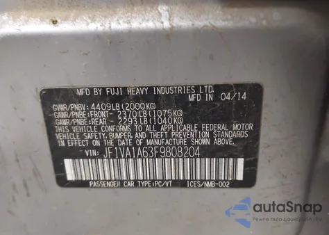 2015 Subaru Wrx из США, поврежденный, VIN JF1VA1A63F9808204